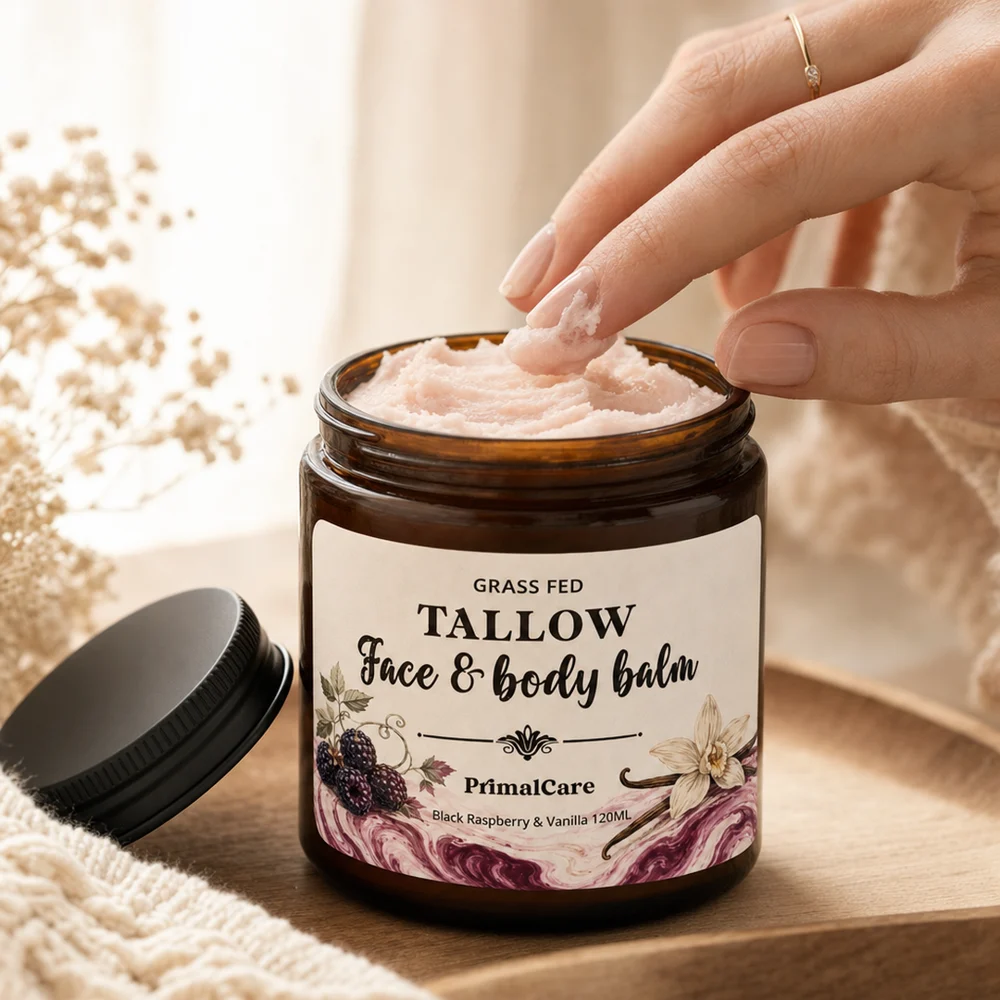 Raspberry Ripple whipped tallow balm in use