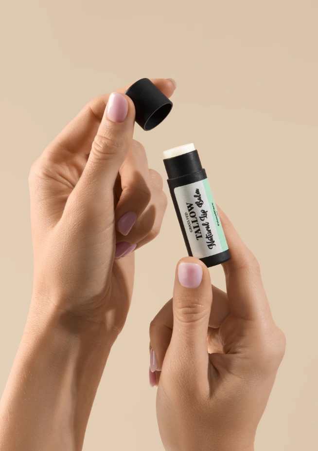 Tallow Lip Balm Stick in use